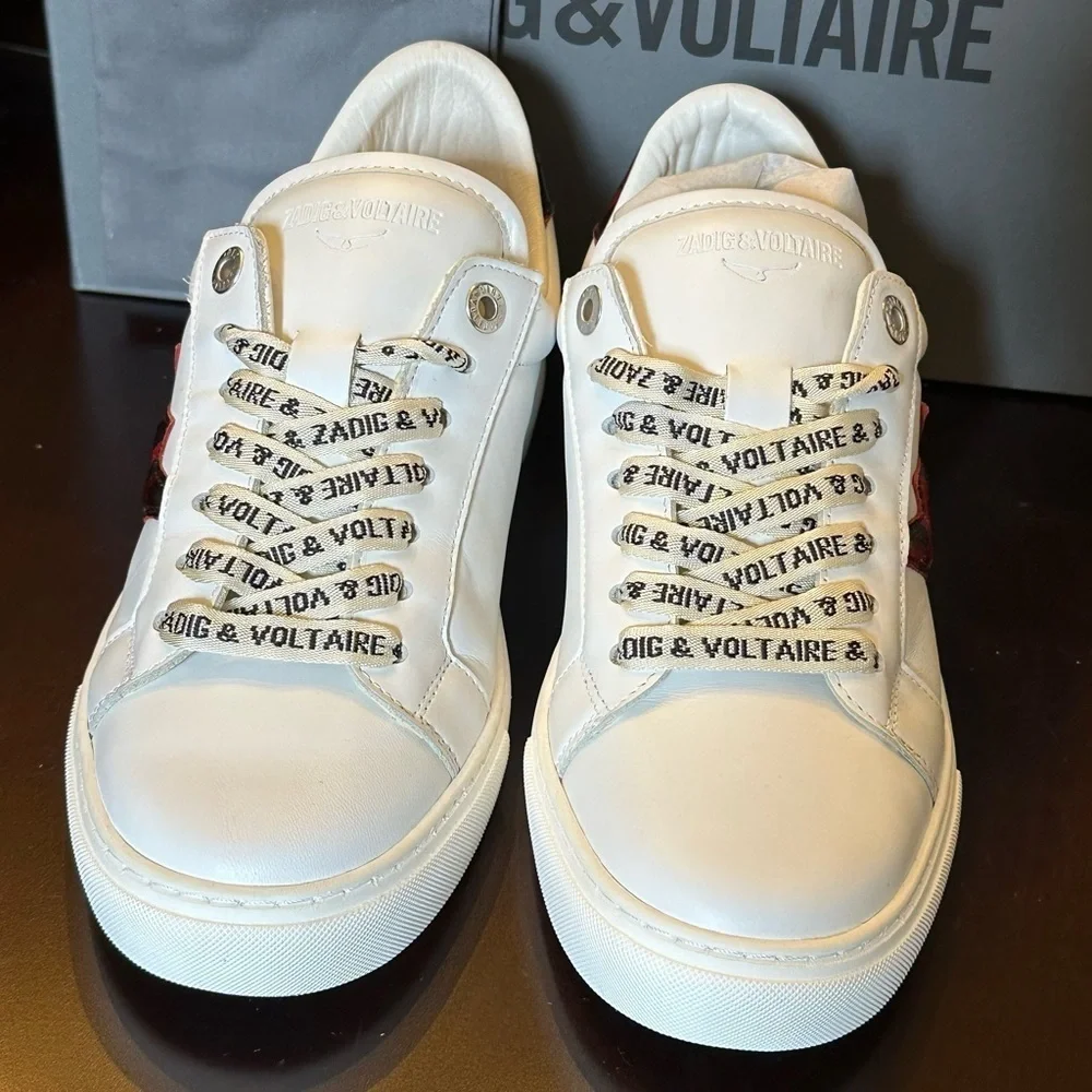 NIB Zadig & Voltaire La Flash Smooth Calfskin Sneakers 38 White Red Lightning 7